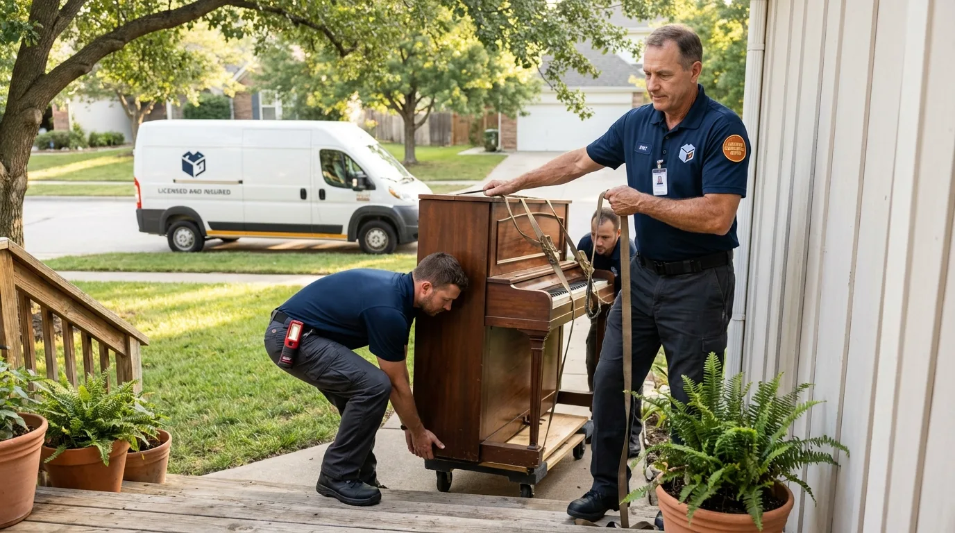 Licensed piano movers securing grand piano in Henderson, KY